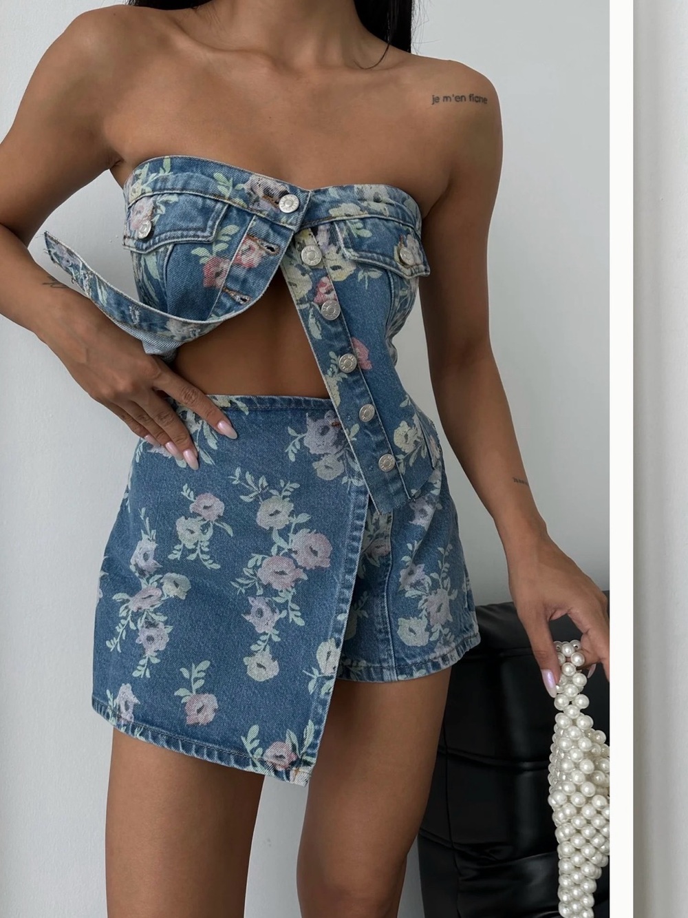 Floral Denim Strapless Skirt Set - Blue